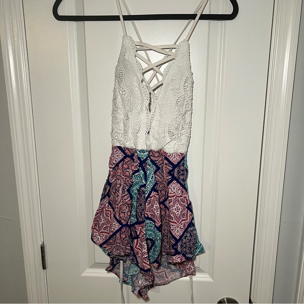 White and Multicolor Lace Romper